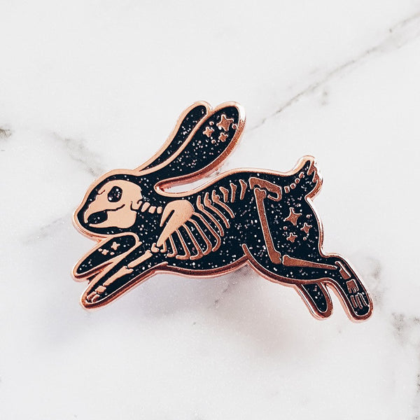Black Skeleton Rabbit Enamel Pin (Glitter)